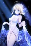  ahoge artoria_pendragon_(all) bare_shoulders blonde_hair bridal_veil clare_(543) collarbone dress dress_lift fate/stay_night fate_(series) gloves green_eyes highres lifted_by_self looking_at_viewer neck_ribbon panties ribbon saber solo underwear veil white_gloves 