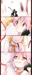  blonde_hair commentary crying crying_with_eyes_open death detached_sleeves dress drill_hair fingerless_gloves gloves gun hair_ribbon hand_on_another's_face highres kaname_madoka magical_girl mahou_shoujo_madoka_magica multiple_girls oka_(umanihiki) pink_eyes pink_hair pleated_skirt puffy_sleeves red_ribbon ribbon school_uniform skirt tears tomoe_mami twin_drills twintails twitter_username weapon 