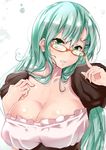  alternate_costume aqua_hair bespectacled blush breasts cleavage collarbone finger_to_eyewear glasses green_eyes hair_ornament hairclip highres kantai_collection large_breasts long_hair looking_at_viewer orange-framed_eyewear puffy_short_sleeves puffy_sleeves sankakusui short_sleeves solo suzuya_(kantai_collection) teeth underbust upper_body 