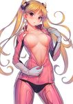 :o bakuon!! bell blonde_hair blush bodysuit breasts cleavage hair_bell hair_ornament large_breasts long_hair looking_at_viewer navel partially_unzipped pink_bodysuit solo suzunoki_rin twintails unzipping urokoda 