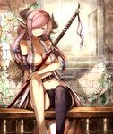  absurdres against_wall belt black_legwear breasts coat demon_horns draph granblue_fantasy hair_ornament highres horns katana large_breasts long_hair narmaya_(granblue_fantasy) open_clothes open_coat pink_eyes pink_hair short_shorts shorts single_thighhigh sitting sleeveless_coat smile solo sword thighhighs venomrobo weapon 