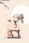  alcohol amana_(pocketkey) bare_back bare_legs barefoot brown_eyes chair cherry_blossoms commentary_request crossed_legs cup dress feet from_side hair_ornament highres indian_style long_hair looking_at_viewer looking_to_the_side original petals pink_background ponytail sakazuki sake silver_hair simple_background sitting sleeveless sleeveless_dress soles solo toes white_dress yellow_eyes 