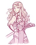  2016 armor artist_name breastplate commentary cowboy_shot fire_emblem fire_emblem_if hand_on_hilt hand_on_hip headband japanese_armor katana kazahana_(fire_emblem_if) long_hair monochrome ruba scabbard sheath sheathed simple_background sketch smile solo sword thighhighs wavy_hair weapon white_background zettai_ryouiki 