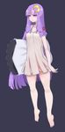  alternate_costume arm_at_side bangs barefoot blunt_bangs breasts carrying_under_arm collarbone covered_nipples crescent crescent_hair_ornament floating full_body hair_ornament hair_ribbon hiedanotsukai legs_apart long_hair medium_breasts nightgown no_hat no_headwear patchouli_knowledge pillow pointy_ears purple_eyes purple_hair red_ribbon ribbon see-through simple_background sleeveless solo strap_gap touhou tress_ribbon underwear very_long_hair 