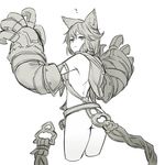  ? animal_ears arm_up ass bottomless claws erune flat_ass granblue_fantasy greyscale hood looking_at_viewer looking_back monochrome no_panties robo8 sen_(granblue_fantasy) simple_background smile solo 