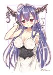  2016 antenna_hair arm_behind_back bandages black_gloves blue_hair blush breasts cleavage danua dated draph gloves granblue_fantasy horns huge_breasts long_hair off_shoulder pikazo pointy_ears red_eyes see-through solo 