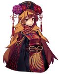  chinese_clothes crescent flower flower_request hat hat_flower junko_(touhou) long_hair long_sleeves orange_hair ori_(yellow_duckling) red_eyes sash simple_background solo tabard touhou upper_body very_long_hair white_background wide_sleeves 