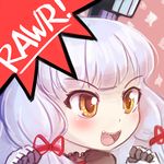  claw_pose commentary english english_commentary fangs gao headgear kantai_collection lowres lumineko murakumo_(kantai_collection) open_mouth orange_eyes portrait remodel_(kantai_collection) silver_hair smile solo speech_bubble 