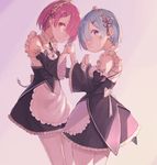  :&lt; apron blue_eyes blue_hair bow collar detached_sleeves hair_ornament hair_over_one_eye holding_hands interlocked_fingers kikkaiki looking_at_viewer maid maid_apron maid_headdress miniskirt multiple_girls pink_eyes pink_hair ram_(re:zero) re:zero_kara_hajimeru_isekai_seikatsu rem_(re:zero) ribbon_trim short_hair siblings sisters skirt smile twins x_hair_ornament 