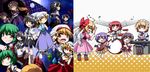  &gt;_&lt; angel_wings beamed_eighth_notes biwa_lute blonde_hair bow brown_eyes brown_hair chibi closed_eyes closed_fan drum drum_set fan flandre_scarlet folding_fan full_moon gap gengetsu gensou_ningyou_enbu green_hair grin halftone halftone_background hat hat_bow hat_ribbon hemogurobin_a1c horikawa_raiko horns instrument kazami_yuuka keyboard_(instrument) kijin_seija laevatein lavender_hair lute_(instrument) maid_headdress maribel_hearn mob_cap moon mugetsu multicolored_hair multiple_girls musical_note parasol quarter_note red_eyes red_hair ribbon shorts shorts_under_skirt smile split_screen staff_(music) streaked_hair touhou touhou_(pc-98) tsukumo_benben tsukumo_yatsuhashi umbrella usami_renko white_hair wings yakumo_yukari yellow_eyes 