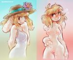  anthro blush breasts embarrassed female fur hat lagomorph lewdrealm looking_aside mammal navel nude off/on panken pussy pussy_juice rabbit shy solo standing straw_hat sundress sweat white_fur 