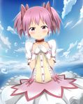  blush bow cloud day gloves hair_bow highres kaname_madoka looking_at_viewer magical_girl mahou_shoujo_madoka_magica nedia_(nedia_region) ocean pink_eyes pink_hair short_hair sky smile solo twintails white_gloves 