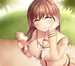  ^_^ bangs breasts brown_hair closed_eyes commentary_request crepe eating food food_on_face food_wrapper grass hand_on_own_cheek highres holding holding_food kantai_collection large_breasts long_hair neckerchief neit_ni_sei ooi_(kantai_collection) park path remodel_(kantai_collection) road school_uniform serafuku smile solo tree 