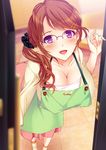  apron blouse breasts brown_hair collarbone door doorway glasses hair_ornament hair_scrunchie hairclip highres indoors large_breasts leaning_forward long_hair looking_at_viewer mame_shitogi mature open_door open_mouth original over-rim_eyewear pink-framed_eyewear pov_doorway purple_eyes scrunchie semi-rimless_eyewear side_ponytail skirt smile solo standing tile_floor tiles 