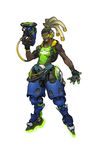  absurdres arnold_tsang beard dark_skin dark_skinned_male facial_hair fingerless_gloves floating full_body gloves gradient_hair grin gun highres lucio_(overwatch) male_focus multicolored_hair official_art overwatch simple_background smile solo visor weapon white_background 