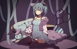  alpakappa black_legwear blue_eyes blue_hair cushion dress full_body hatsune_miku looking_at_viewer needle no_shoes pin pincushion ribbon scissors sewing_needle sitting solo spool stuffed_animal stuffed_bunny stuffed_toy thighhighs twintails vocaloid 