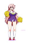  blush breasts cheerleader copyright_name dress glasses large_breasts long_hair lucky_star microdress mizushima_(p201112) open_mouth pink_hair pom_poms purple_eyes simple_background socks solo takara_miyuki very_long_hair white_background wide_hips 
