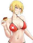  absurdres blonde_hair breasts cleavage doughnut flag_print food highres j_adsen kiss-shot_acerola-orion_heart-under-blade large_breasts looking_at_viewer monogatari_(series) oshino_shinobu pointy_ears short_hair solo swiss_flag white_background yellow_eyes 