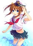  blue_eyes brown_hair hat high_school_fleet kuroki_(ma-na-tu) misaki_akeno open_mouth pleated_skirt sailor_hat school_uniform serafuku short_sleeves skirt smile solo twintails wading water yokosuka_girls_marine_high_school_uniform 