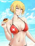  absurdres beach blonde_hair breasts cleavage day doughnut flag_print food highres j_adsen kiss-shot_acerola-orion_heart-under-blade large_breasts looking_at_viewer monogatari_(series) oshino_shinobu pointy_ears short_hair solo swiss_flag yellow_eyes 