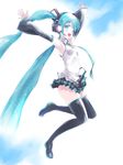  absurdly_long_hair aqua_eyes aqua_hair armpits arms_up black_footwear black_legwear boots breasts detached_sleeves from_side full_body hatsune_miku headset highres kowiru long_hair looking_at_viewer microskirt necktie open_mouth skirt small_breasts solo thigh_boots thighhighs twintails very_long_hair vocaloid zettai_ryouiki 