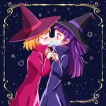  asahina_mirai blonde_hair blush closed_eyes hat izayoi_liko kiss long_hair mahou_girls_precure! minu multiple_girls precure purple_hair red_eyes short_hair surprise_kiss surprised wand witch_hat yuri 