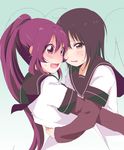  black_hair brown_eyes dress embarrassed funami_yui hug kamiki_uutarou long_hair multiple_girls mutual_embarrassment nanamori_school_uniform pink_eyes ponytail purple_hair sailor_dress school_uniform serafuku short_hair sugiura_ayano sweat wavy_mouth yuri yuru_yuri 