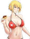  absurdres blonde_hair breasts cleavage doughnut food highres j_adsen kiss-shot_acerola-orion_heart-under-blade large_breasts looking_at_viewer monogatari_(series) oshino_shinobu pointy_ears short_hair solo yellow_eyes 