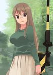  akemiho_tabi_nikki bad_id bad_pixiv_id breasts brown_eyes brown_hair collarbone glasses kouno_hikaru large_breasts long_hair long_skirt long_sleeves oribe_shiori pleated_skirt railroad_crossing railroad_tracks skirt solo 