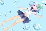  alternate_costume balloon barefoot blue_eyes bubble full_body gradient_hair green_eyes green_hair holding holding_balloon kawashiro_nitori looking_at_viewer multicolored_hair navel noren_(touhoutirunomarukyuu) puffy_short_sleeves puffy_sleeves school_uniform serafuku short_hair short_sleeves skirt smile solo touhou two_side_up 