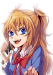  :d aria_gakuen_school_uniform blue_eyes blue_shirt bow brown_hair cellphone close-up fang houjou_hibiki kanichiri long_hair looking_at_viewer open_mouth phone precure red_bow shirt smartphone smile solo suite_precure two_side_up upper_body 