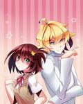  1girl alpha_omega_nova blonde_hair blue_eyes blush brown_hair butano_(star-dust_boxxx) fur_trim green_eyes hair_ornament luluco one_side_up school_uniform short_hair star star_hair_ornament uchuu_patrol_luluco vest 