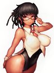  ass bare_shoulders breasts brown_eyes brown_hair covered_nipples dark_skin earrings fumio_(rsqkr) glasses jewelry large_breasts lips long_hair looking_at_viewer short_hair simple_background smile solo thighs white_background 