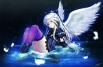  angel_wings aqua_eyes black_footwear black_skirt boots bow bracer character_request feathers hair_bow highres long_hair looking_at_viewer mahou_tsukai_to_kuroneko_no_wiz purple_legwear ripples signature sitting skirt solo thighhighs upskirt water white_feathers white_hair wings yuitsuki1206 
