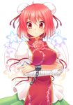  bandaged_arm bandages chinese_clothes crossed_arms cuffs double_bun flower green_skirt highres ibaraki_kasen looking_at_viewer pink_eyes pink_flower pink_hair pink_rose puffy_sleeves rose shirt short_hair skirt solo tabard tappei thorns touhou white_shirt 