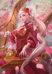  alternate_costume alternate_hair_color cglas cherry_blossoms dress gloves hair_ornament headband heart instrument league_of_legends lipstick long_hair looking_to_the_side makeup petals pink_hair red_dress solo sona_buvelle standing sweetheart_sona twintails very_long_hair white_gloves 