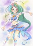  :d blue_eyes blush cure_mermaid earrings go!_princess_precure green_hair highres jewelry kaidou_minami long_hair looking_at_viewer magical_girl marker_(medium) midriff multicolored_hair navel open_mouth outstretched_arms ponytail precure purple_hair shell_earrings smile solo traditional_media two-tone_hair very_long_hair watayuki 