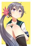  :| akebono_(kantai_collection) asymmetrical_hair bell black_legwear blush body_blush border closed_mouth commentary_request expressionless flower hair_bell hair_flower hair_ornament highres jingle_bell kantai_collection kneehighs knees_up legs_together long_hair looking_up nayuhi_(yukimuu14) outside_border own_hands_together purple_eyes purple_hair red_flower sailor_collar school_uniform serafuku shirt short_sleeves side_ponytail simple_background sitting sleeve_cuffs solo v-shaped_eyebrows very_long_hair w_arms white_border white_shirt yellow_background 