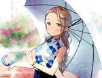  :d ancotaku artist_name bare_shoulders blue_eyes blue_skirt blurry blush braid brown_hair bush buttons cowboy_shot depth_of_field floral_print flower forehead holding holding_umbrella long_hair looking_at_viewer open_mouth original over_shoulder parasol parted_lips plant print_shirt purple_eyes purple_flower shirt single_braid skirt sleeveless sleeveless_shirt smile solo umbrella watch white_shirt white_umbrella wristwatch 