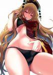  :p amisu black_bra black_panties blonde_hair blush bra breasts commentary_request cowboy_shot hand_in_panties hand_under_clothes hat junko_(touhou) large_breasts long_hair looking_at_viewer navel panties red_eyes sideboob smile solo tabard tongue tongue_out touhou underboob underwear very_long_hair white_background 