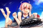  :d ahoge barefoot blush breasts cleavage dutch_angle feet fuuki_(te_fuukin) gradient_hair i-58_(kantai_collection) kantai_collection legs_up lens_flare lying multicolored_hair on_stomach one-piece_swimsuit open_mouth pink_hair school_swimsuit sea_cucumber shallow_water short_hair sky small_breasts smile soles solo stick sunlight swimsuit the_pose toes torpedo water wet 