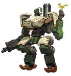  arnold_tsang bastion_(overwatch) bird bird_on_hand cyclops full_body gatling_gun gun highres minigun no_humans official_art one-eyed overwatch robot standing transparent_background weapon 