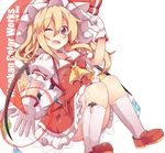  ascot blonde_hair dress flandre_scarlet gloves hat hat_ribbon highres kan_lee looking_at_viewer mob_cap one_eye_closed open_mouth puffy_short_sleeves puffy_sleeves red_dress red_eyes ribbon shirt short_sleeves smile solo touhou white_gloves wings 
