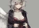  bangs breasts cleavage closed_eyes collarbone feathered_wings grey_hair hisona_(suaritesumi) kishin_sagume large_breasts lingerie long_sleeves negligee open_clothes open_shirt purple_shirt shirt short_hair simple_background single_wing solo touhou underwear upper_body white_wings wings 