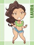  alternate_costume breasts brown_eyes brown_hair capcom character_name chibi choker cleavage full_body grin highleg laura_matsuda legs midriff navel sandals shorts smile solo street_fighter street_fighter_v thighs x-teal2 