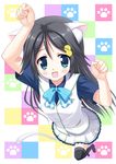  animal_ears black_hair blue_eyes cat_ears cat_tail hinata_keiichi izumi_reina long_hair musaigen_no_phantom_world paw_pose perspective school_uniform solo tail thighhighs 