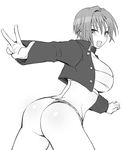  :d ass breasts cowboy_shot eroe from_behind fundoshi genderswap genderswap_(mtf) greyscale igarashi_kyou_(eroe) japanese_clothes large_breasts looking_at_viewer looking_back monochrome open_mouth original sarashi simple_background smile solo v 