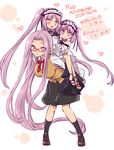 :d black_legwear blush breasts euryale fate/grand_order fate/hollow_ataraxia fate/stay_night fate_(series) glasses hairband heart homurahara_academy_uniform irony kettle21 kneehighs large_breasts lolita_hairband long_hair looking_at_viewer multiple_girls open_mouth purple_eyes purple_hair rider school_uniform siblings sisters sitting sitting_on_person skirt smile stheno sweatdrop twins twintails very_long_hair 