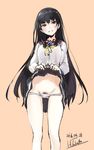  2016 bad_id bad_pixiv_id black_hair blush cowboy_shot dated flashing grey_skirt groin hair_ribbon head_tilt isokaze_(kantai_collection) kantai_collection long_hair looking_at_viewer neckerchief panties panty_pull parted_lips pleated_skirt pubic_hair pubic_hair_peek red_eyes ribbon school_uniform serafuku signature simple_background sketch skirt skirt_lift smile solo standing tabata_hisayuki tress_ribbon underwear white_panties 