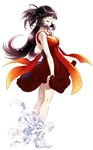  bandages bare_arms belial_(wild_arms) black_hair breasts cleavage dress kneepits long_hair medium_breasts official_art ooba_wakako red_skirt skirt skirt_hold solo white_background wild_arms wild_arms_4 